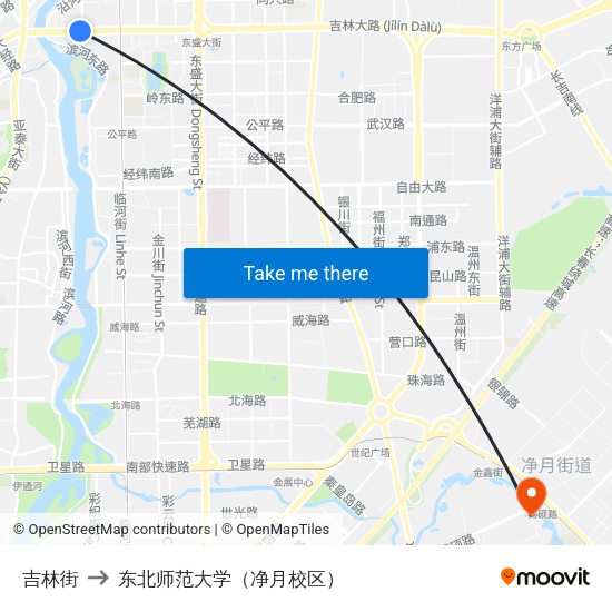 吉林街 to 东北师范大学（净月校区） map