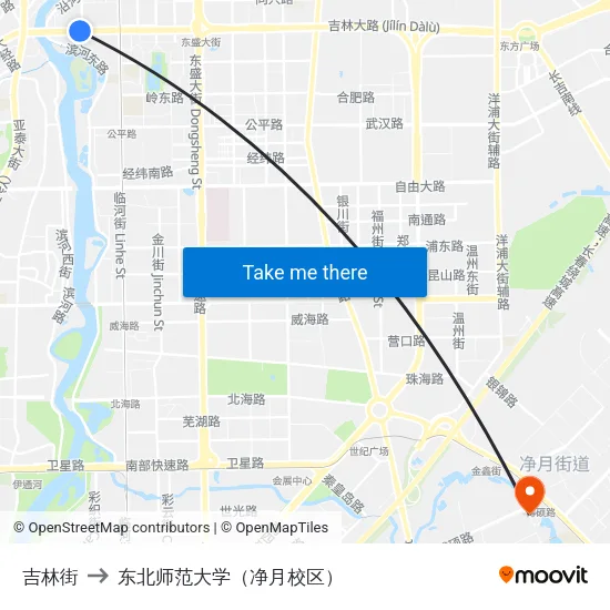 吉林街 to 东北师范大学（净月校区） map