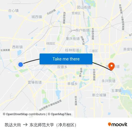 凯达大街 to 东北师范大学（净月校区） map
