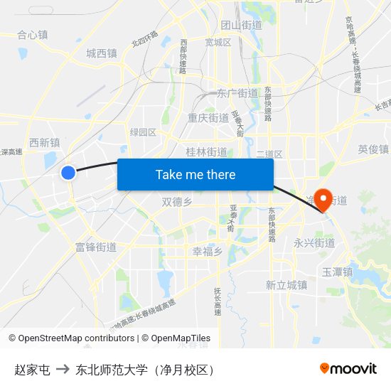 赵家屯 to 东北师范大学（净月校区） map