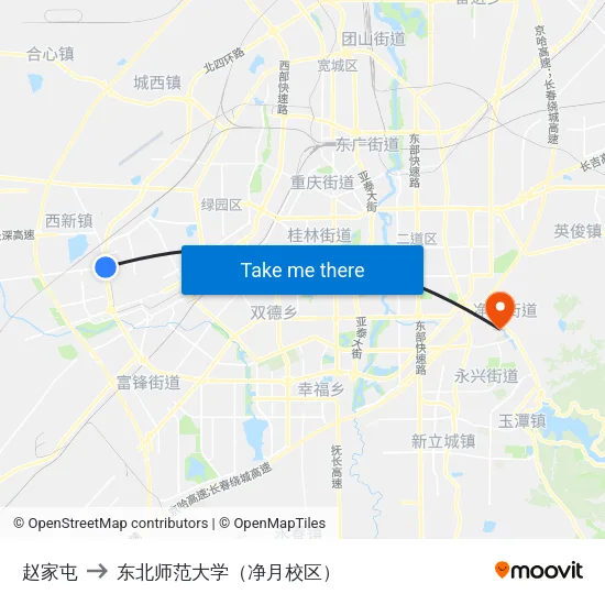 赵家屯 to 东北师范大学（净月校区） map