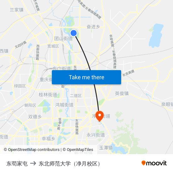 东苟家屯 to 东北师范大学（净月校区） map