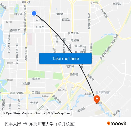 民丰大街 to 东北师范大学（净月校区） map