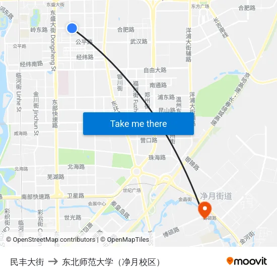 民丰大街 to 东北师范大学（净月校区） map