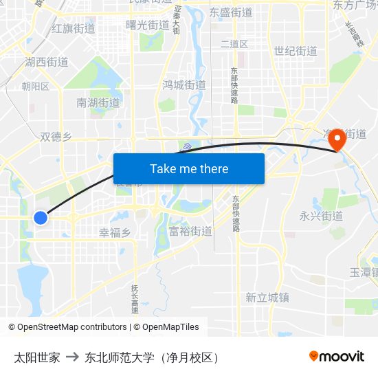 太阳世家 to 东北师范大学（净月校区） map