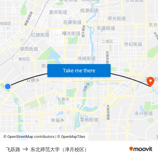 飞跃路 to 东北师范大学（净月校区） map