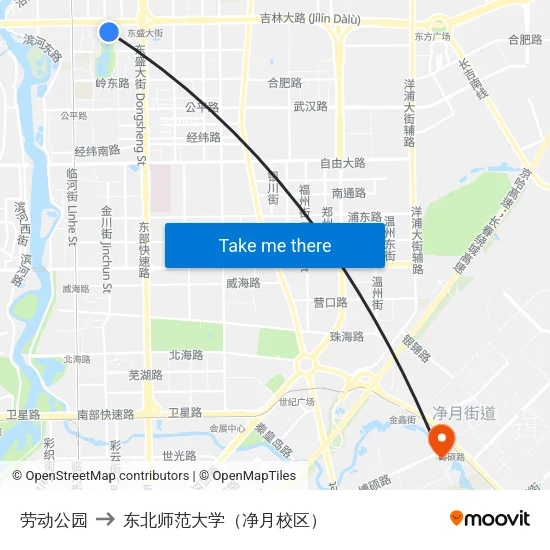 劳动公园 to 东北师范大学（净月校区） map