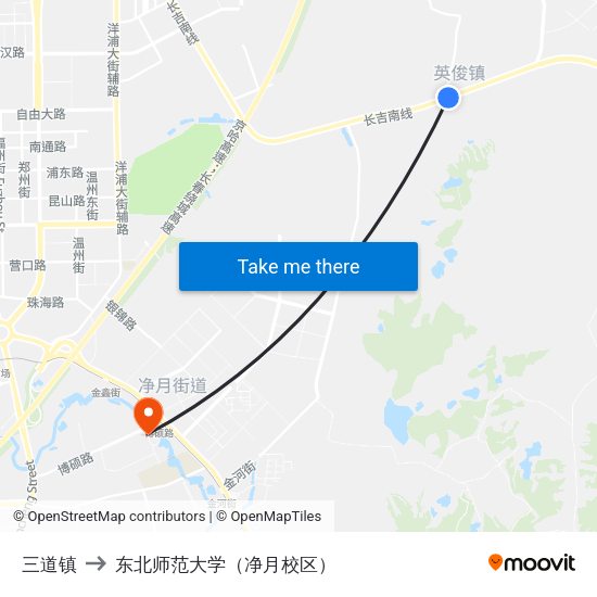 三道镇 to 东北师范大学（净月校区） map