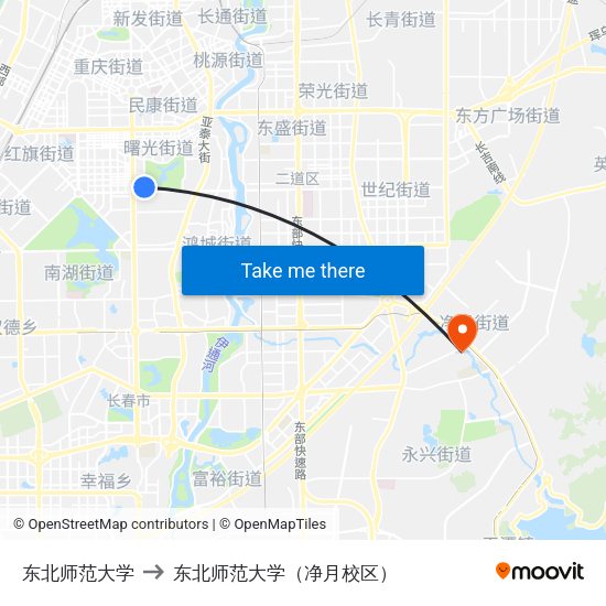 东北师范大学 to 东北师范大学（净月校区） map