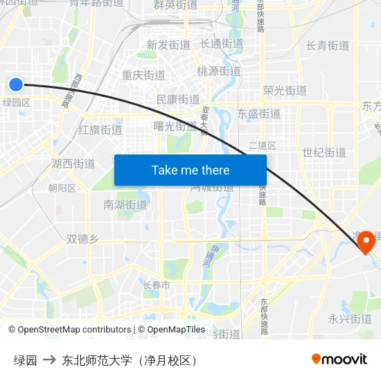 绿园 to 东北师范大学（净月校区） map