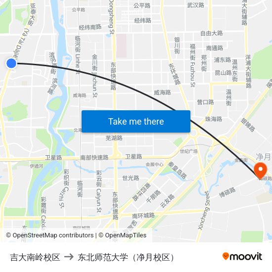 吉大南岭校区 to 东北师范大学（净月校区） map