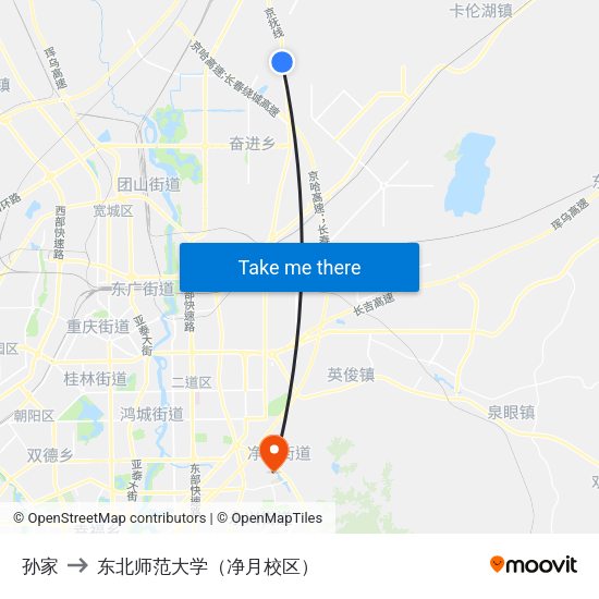 孙家 to 东北师范大学（净月校区） map