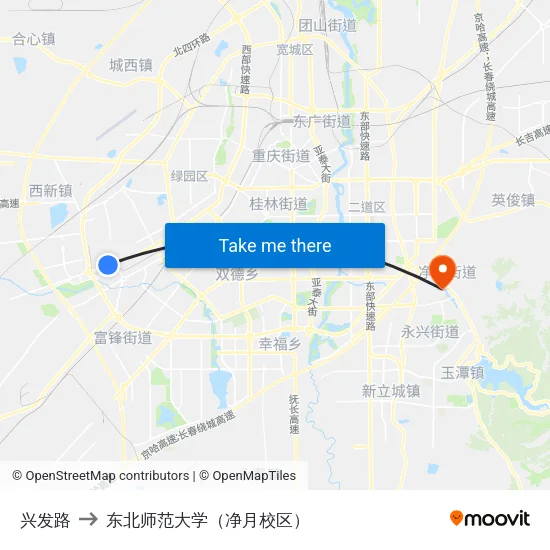 兴发路 to 东北师范大学（净月校区） map