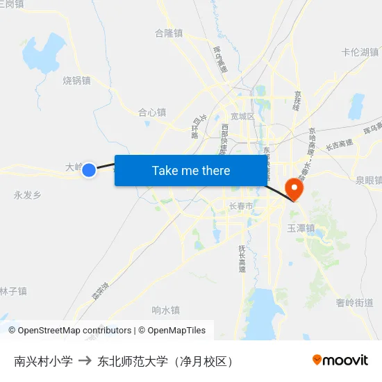 南兴村小学 to 东北师范大学（净月校区） map