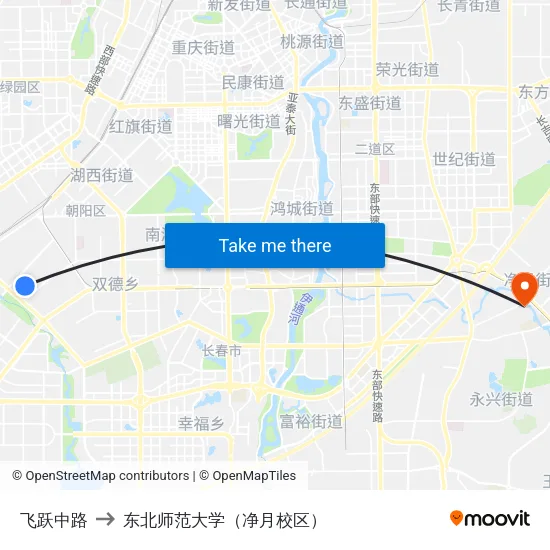 飞跃中路 to 东北师范大学（净月校区） map