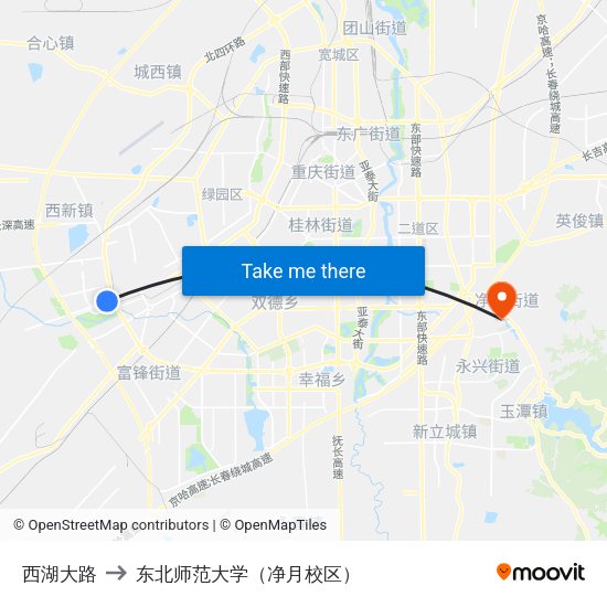 西湖大路 to 东北师范大学（净月校区） map