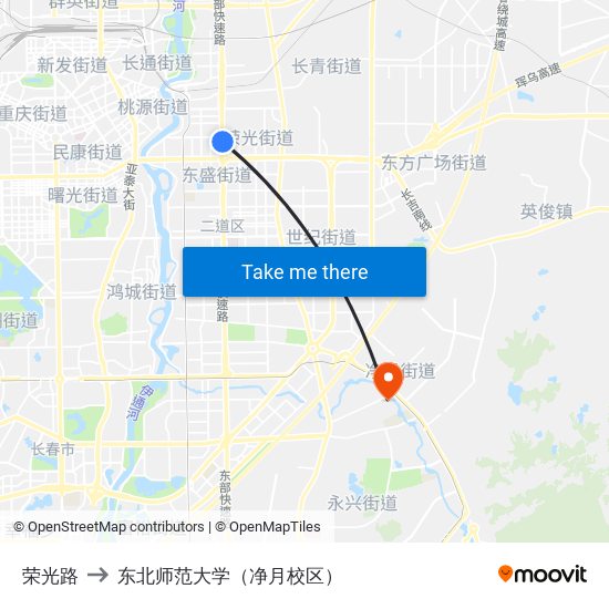 荣光路 to 东北师范大学（净月校区） map