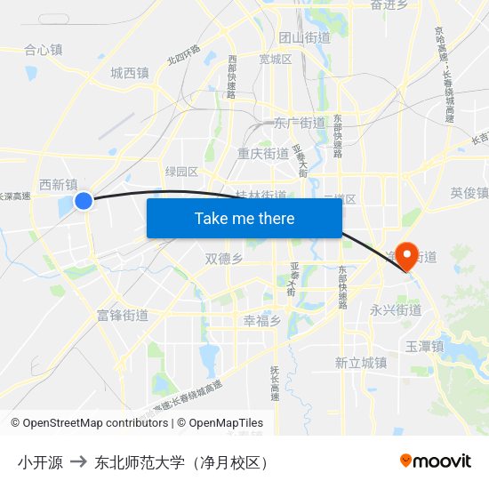 小开源 to 东北师范大学（净月校区） map