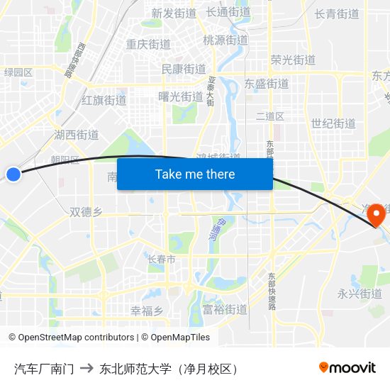 汽车厂南门 to 东北师范大学（净月校区） map
