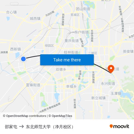 邵家屯 to 东北师范大学（净月校区） map