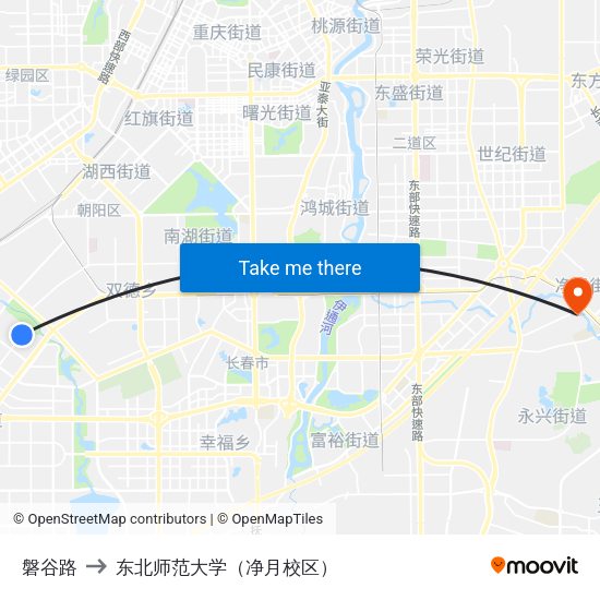 磐谷路 to 东北师范大学（净月校区） map