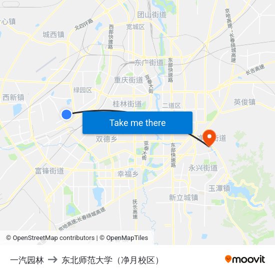 一汽园林 to 东北师范大学（净月校区） map