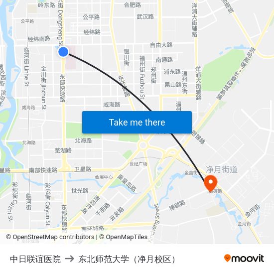 中日联谊医院 to 东北师范大学（净月校区） map