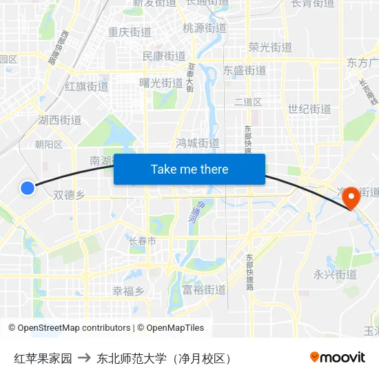 红苹果家园 to 东北师范大学（净月校区） map