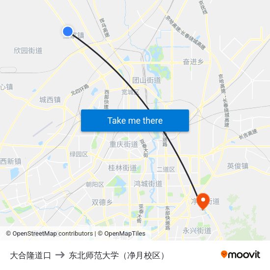 大合隆道口 to 东北师范大学（净月校区） map