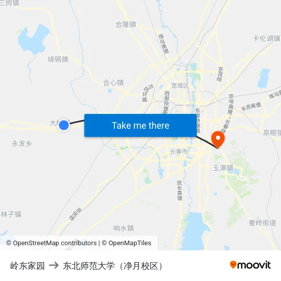 岭东家园 to 东北师范大学（净月校区） map
