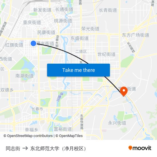 同志街 to 东北师范大学（净月校区） map