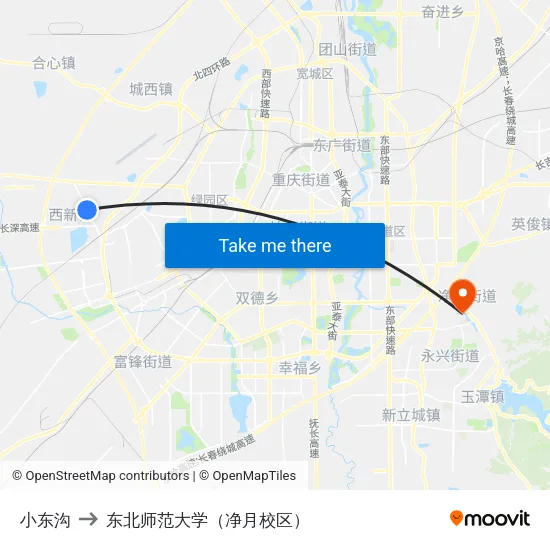 小东沟 to 东北师范大学（净月校区） map