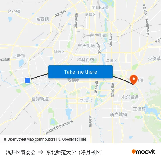 汽开区管委会 to 东北师范大学（净月校区） map