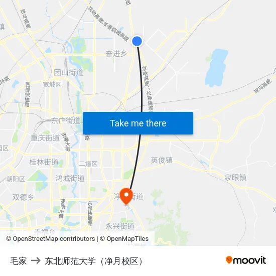 毛家 to 东北师范大学（净月校区） map
