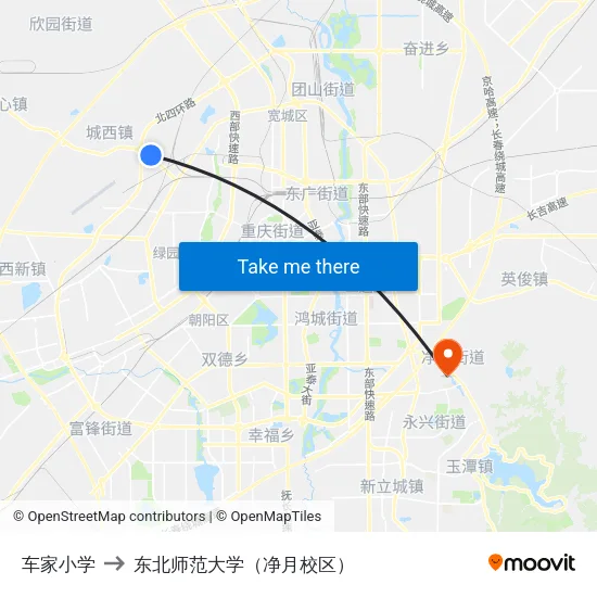 车家小学 to 东北师范大学（净月校区） map