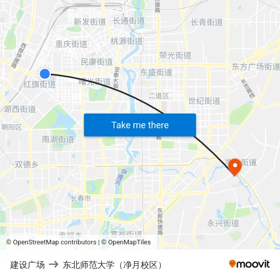 建设广场 to 东北师范大学（净月校区） map