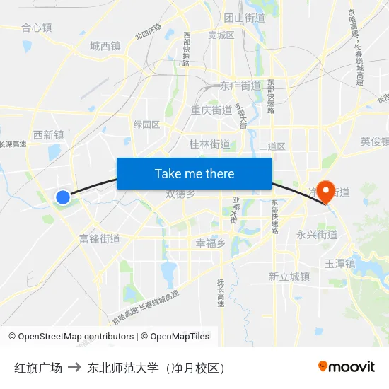 红旗广场 to 东北师范大学（净月校区） map
