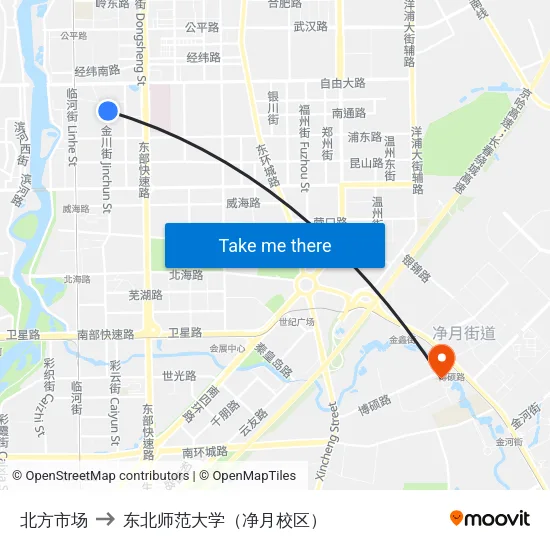 北方市场 to 东北师范大学（净月校区） map