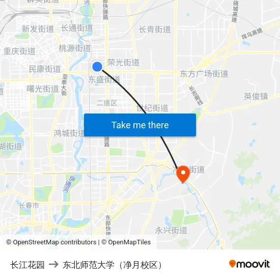 长江花园 to 东北师范大学（净月校区） map