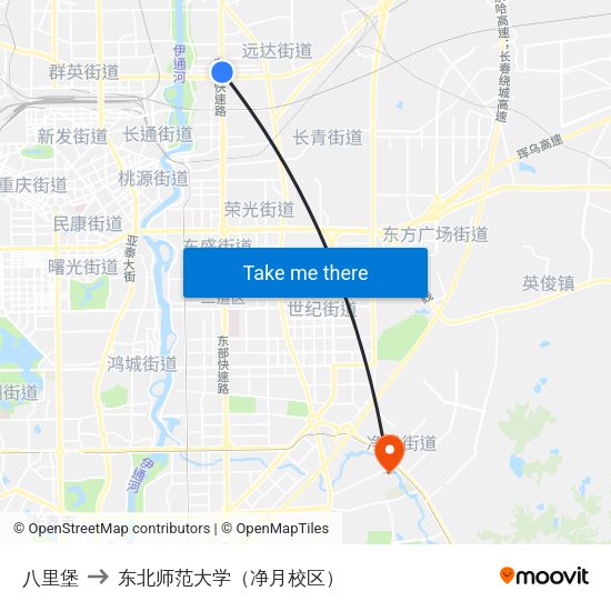 八里堡 to 东北师范大学（净月校区） map