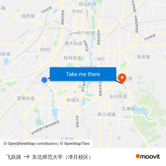飞跃路 to 东北师范大学（净月校区） map