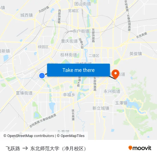 飞跃路 to 东北师范大学（净月校区） map