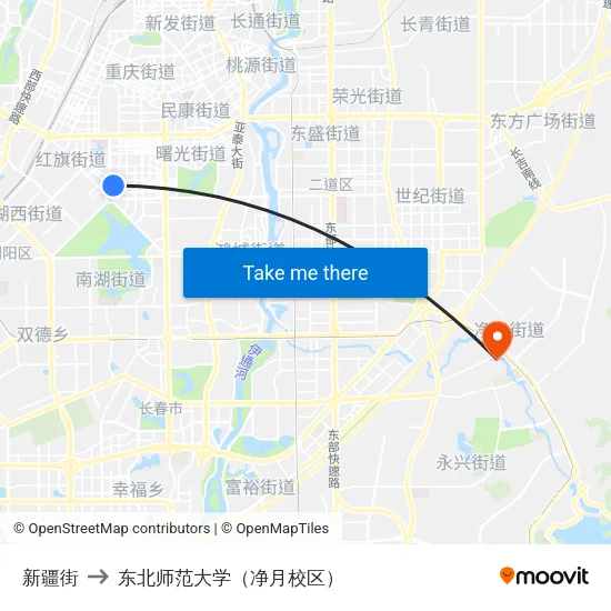 新疆街 to 东北师范大学（净月校区） map