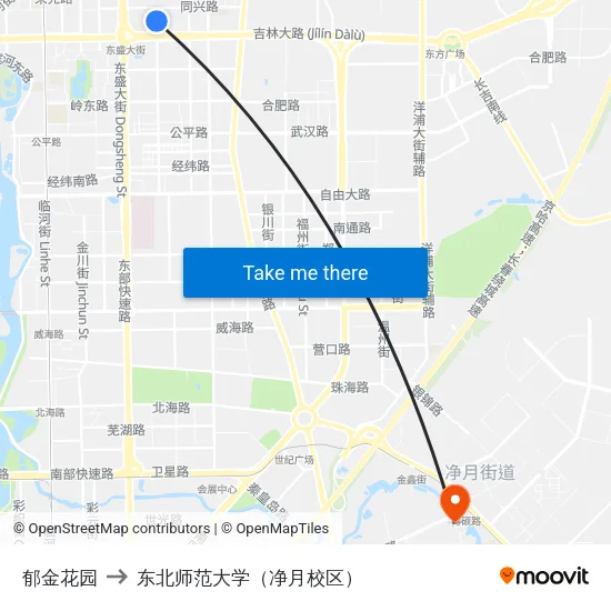 郁金花园 to 东北师范大学（净月校区） map