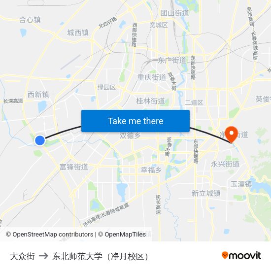 大众街 to 东北师范大学（净月校区） map