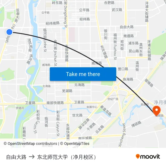 自由大路 to 东北师范大学（净月校区） map
