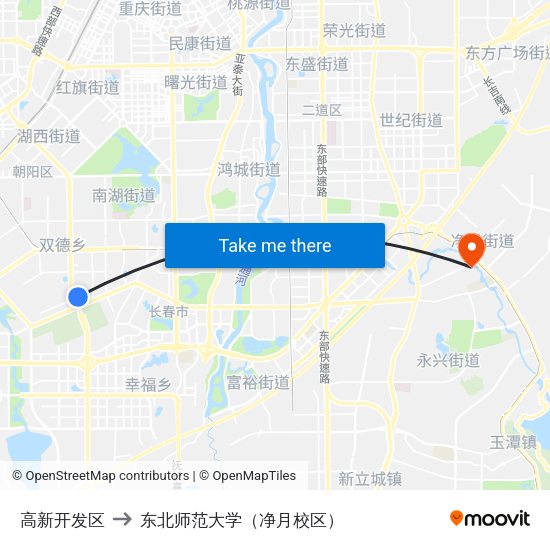 高新开发区 to 东北师范大学（净月校区） map