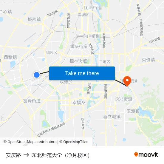 安庆路 to 东北师范大学（净月校区） map