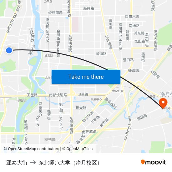亚泰大街 to 东北师范大学（净月校区） map