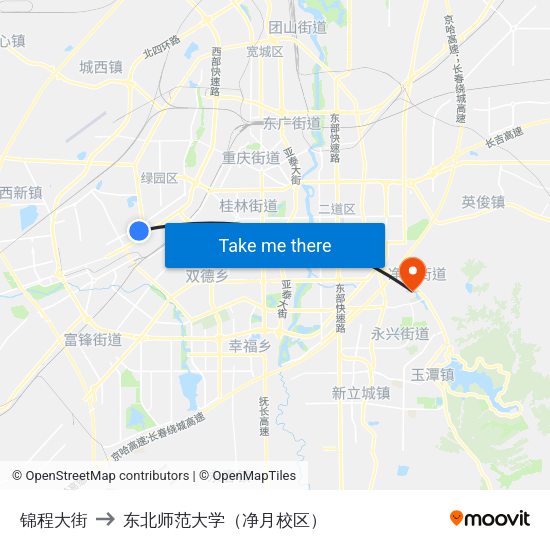 锦程大街 to 东北师范大学（净月校区） map